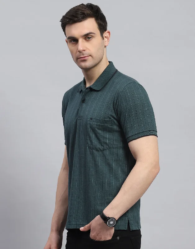 Men Green Stripe Polo Collar Half Sleeve T-Shirt