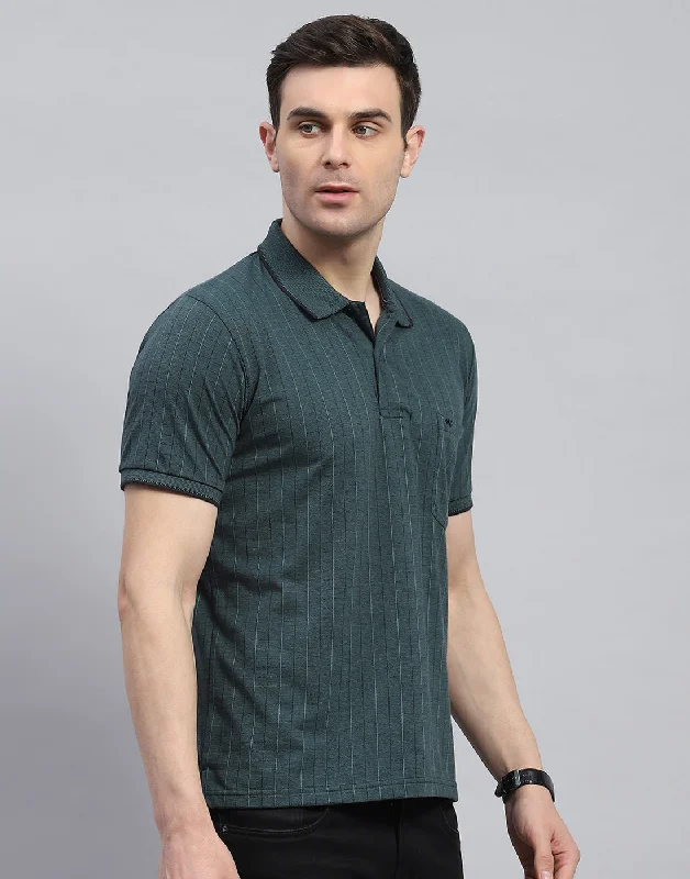 Men Green Stripe Polo Collar Half Sleeve T-Shirt