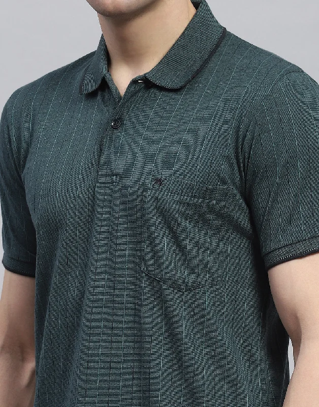 Men Green Stripe Polo Collar Half Sleeve T-Shirt