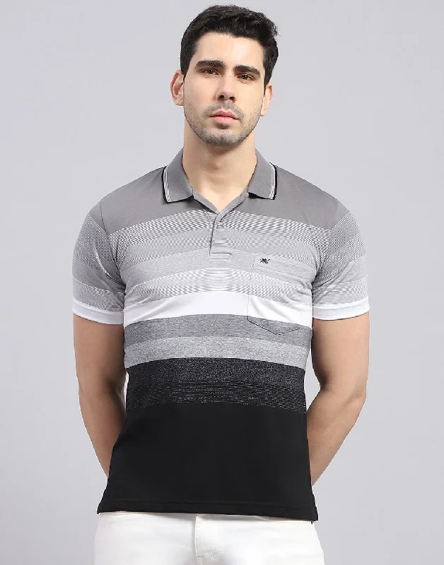 Men Grey Stripe Polo Collar Half Sleeve T-Shirt