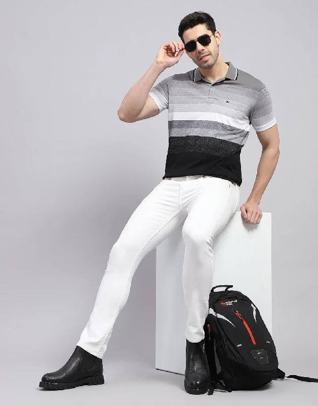 Men Grey Stripe Polo Collar Half Sleeve T-Shirt