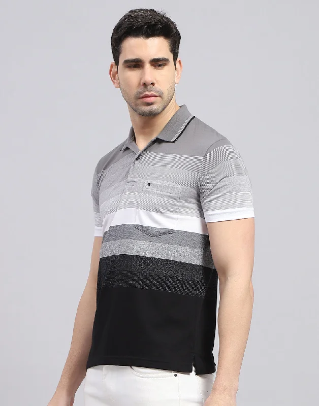 Men Grey Stripe Polo Collar Half Sleeve T-Shirt