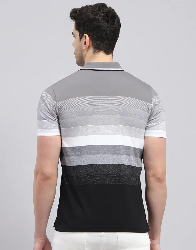 Men Grey Stripe Polo Collar Half Sleeve T-Shirt