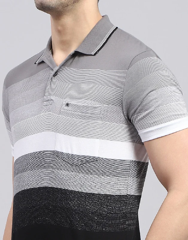 Men Grey Stripe Polo Collar Half Sleeve T-Shirt