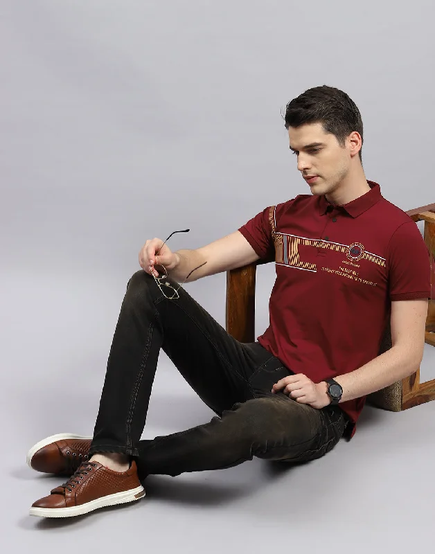 Men Maroon Printed Polo Collar Half Sleeve T-Shirt