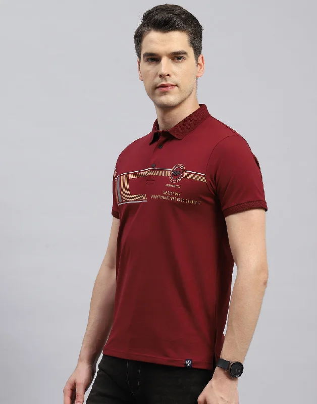 Men Maroon Printed Polo Collar Half Sleeve T-Shirt