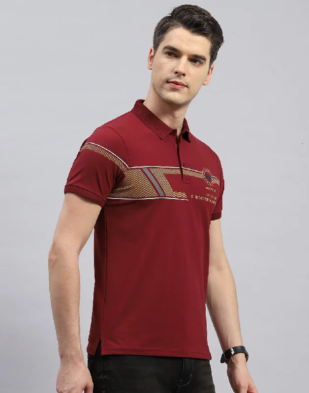 Men Maroon Printed Polo Collar Half Sleeve T-Shirt