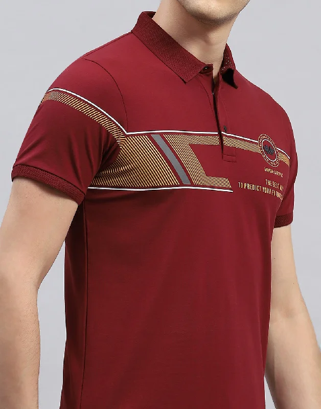 Men Maroon Printed Polo Collar Half Sleeve T-Shirt