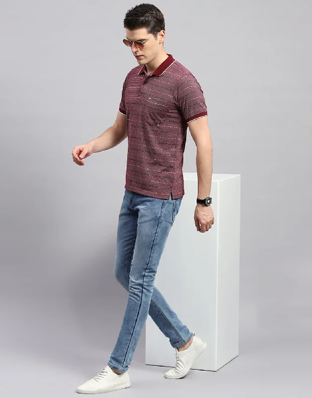 Men Maroon Stripe Collar Neck Half Sleeve T-Shirt