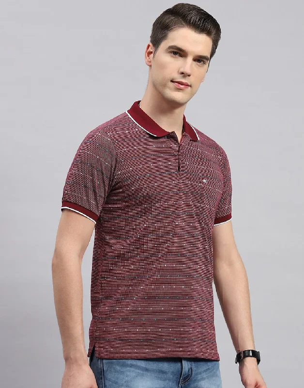 Men Maroon Stripe Collar Neck Half Sleeve T-Shirt