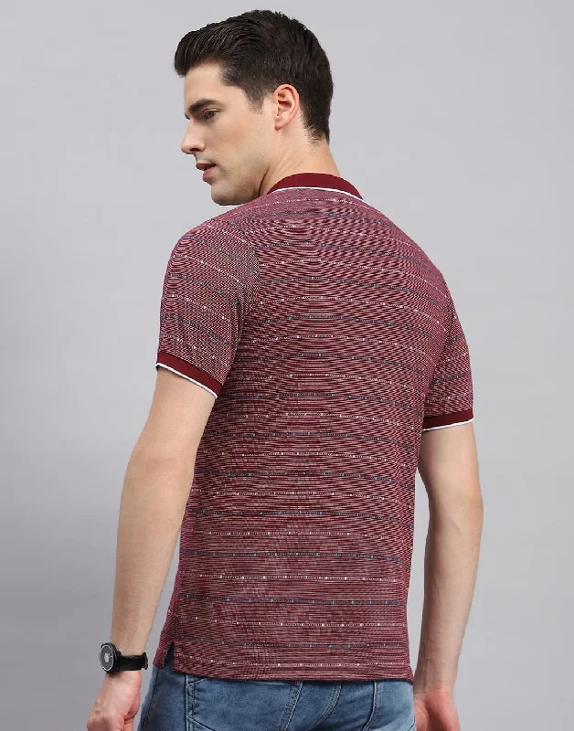 Men Maroon Stripe Collar Neck Half Sleeve T-Shirt