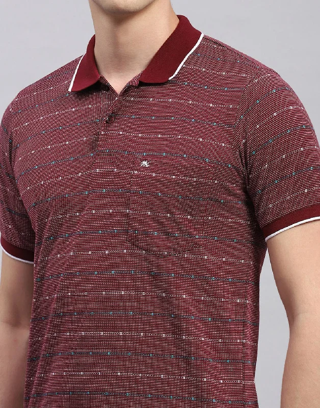 Men Maroon Stripe Collar Neck Half Sleeve T-Shirt