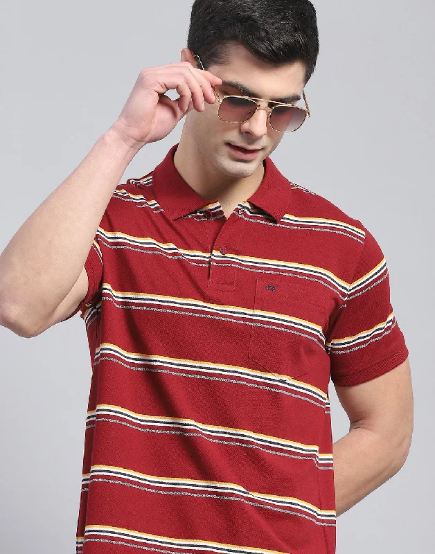 Men Maroon Stripe Polo Collar Half Sleeve T-Shirt