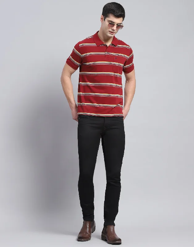 Men Maroon Stripe Polo Collar Half Sleeve T-Shirt