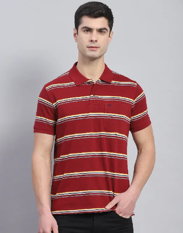 Men Maroon Stripe Polo Collar Half Sleeve T-Shirt