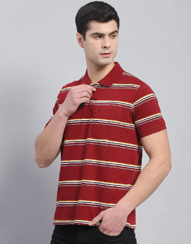 Men Maroon Stripe Polo Collar Half Sleeve T-Shirt