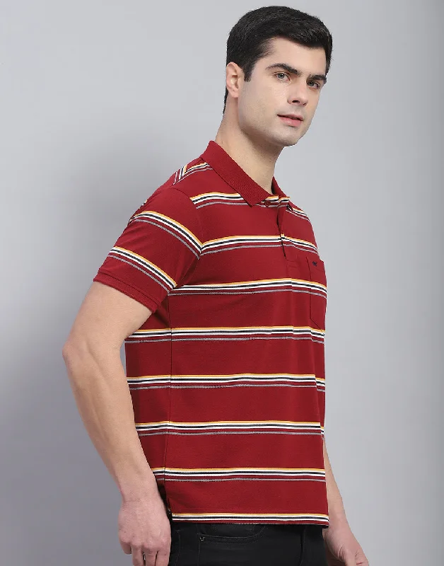 Men Maroon Stripe Polo Collar Half Sleeve T-Shirt