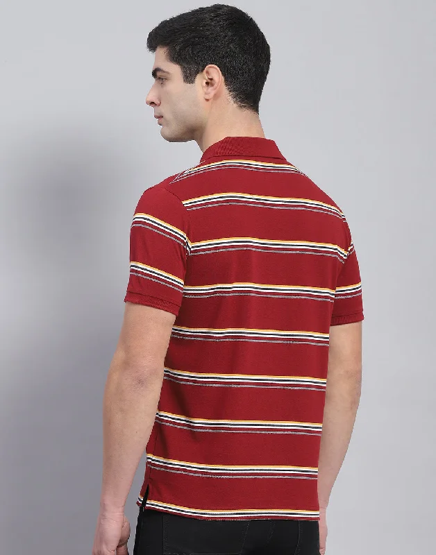 Men Maroon Stripe Polo Collar Half Sleeve T-Shirt