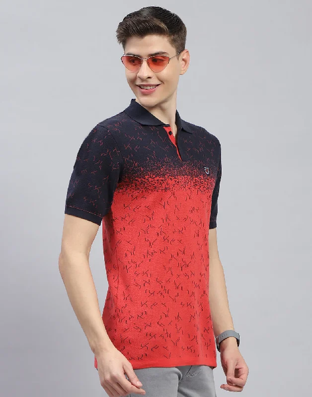 Men Navy Blue Printed Polo Collar Half Sleeve T-Shirt