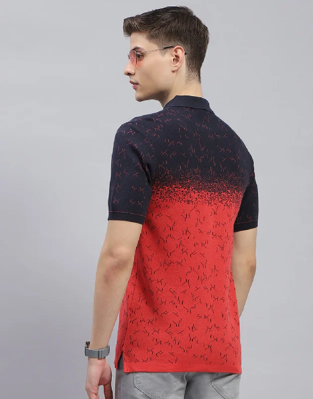 Men Navy Blue Printed Polo Collar Half Sleeve T-Shirt