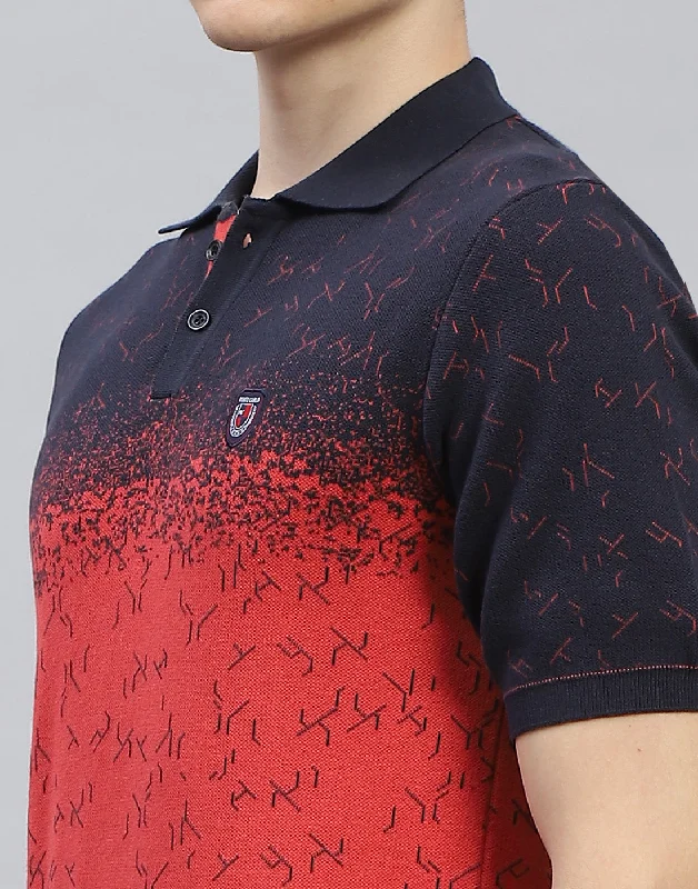 Men Navy Blue Printed Polo Collar Half Sleeve T-Shirt