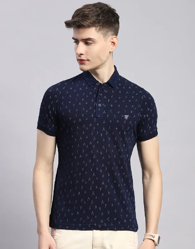 Men Navy Blue Printed Polo Collar Half Sleeve T-Shirt