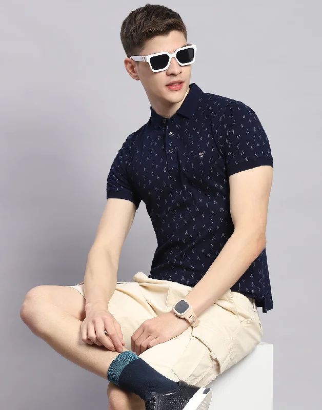 Men Navy Blue Printed Polo Collar Half Sleeve T-Shirt