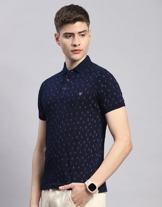 Men Navy Blue Printed Polo Collar Half Sleeve T-Shirt