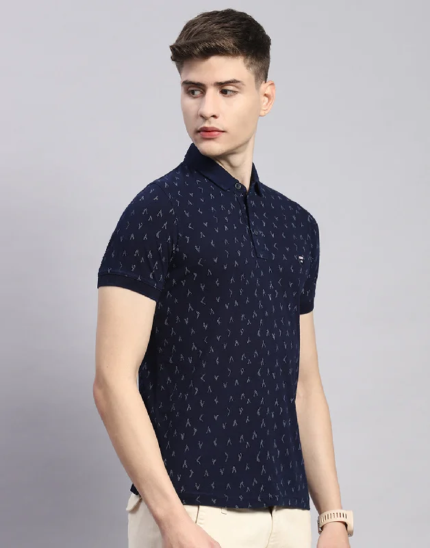 Men Navy Blue Printed Polo Collar Half Sleeve T-Shirt