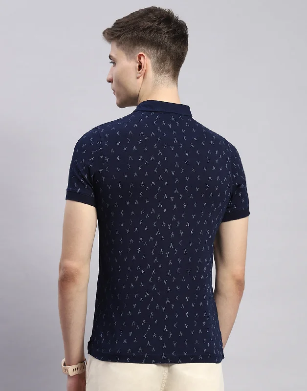 Men Navy Blue Printed Polo Collar Half Sleeve T-Shirt