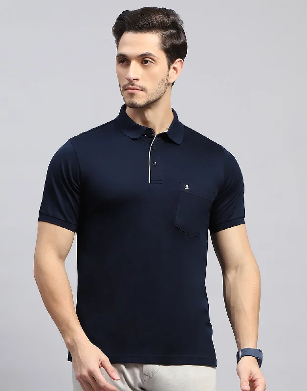 Men Navy Blue Solid Polo Collar Half Sleeve T-Shirt