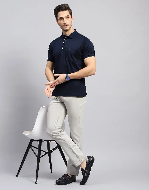 Men Navy Blue Solid Polo Collar Half Sleeve T-Shirt