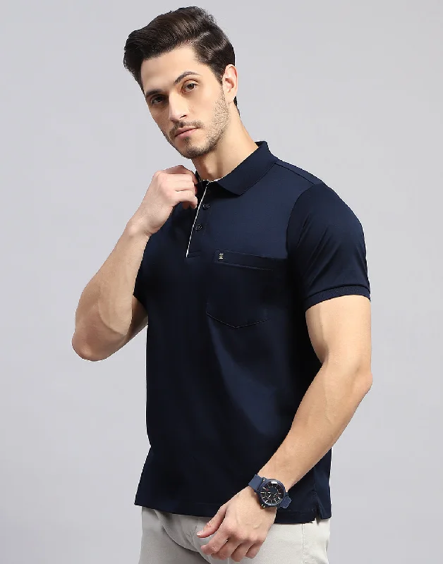 Men Navy Blue Solid Polo Collar Half Sleeve T-Shirt