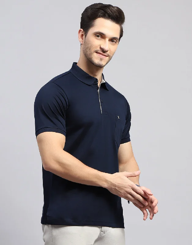 Men Navy Blue Solid Polo Collar Half Sleeve T-Shirt