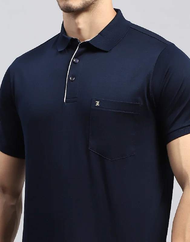 Men Navy Blue Solid Polo Collar Half Sleeve T-Shirt