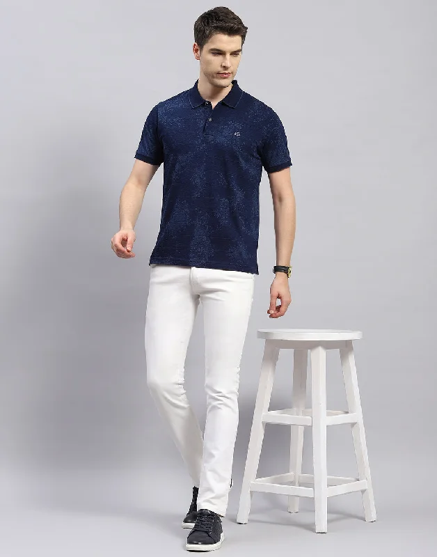 Men Navy Blue Solid Polo Collar Half Sleeve T-Shirt