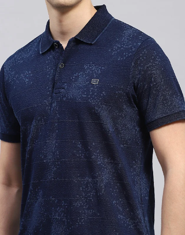 Men Navy Blue Solid Polo Collar Half Sleeve T-Shirt