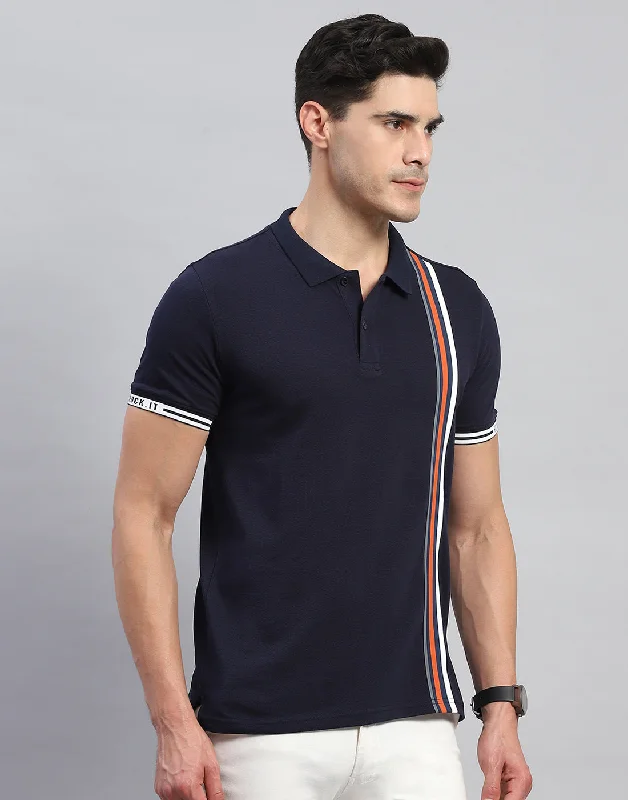 Men Navy Blue Stripe Collar Half Sleeve T-Shirt