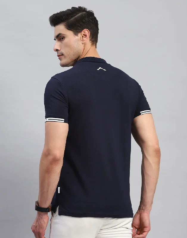 Men Navy Blue Stripe Collar Half Sleeve T-Shirt