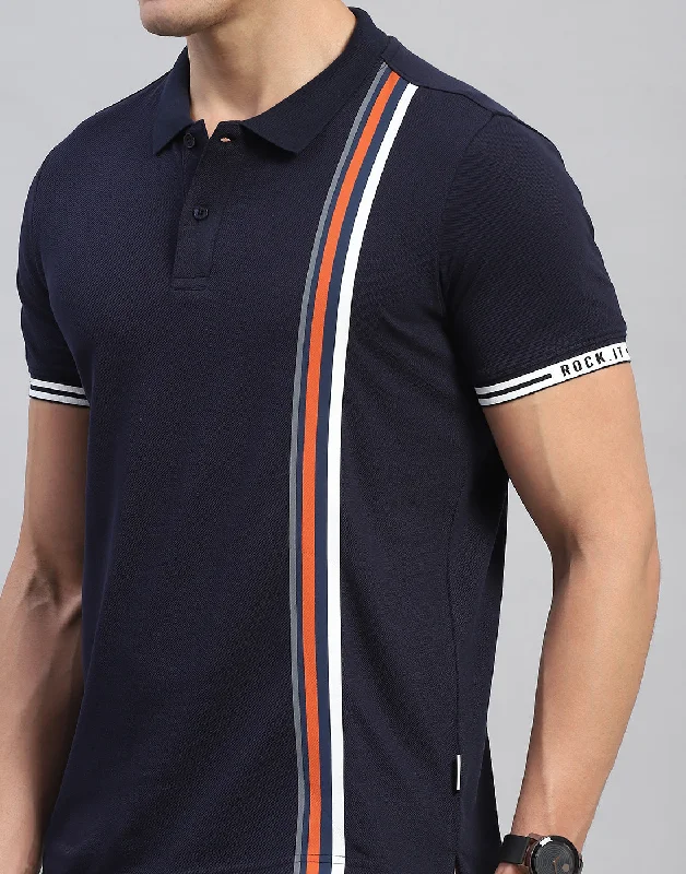 Men Navy Blue Stripe Collar Half Sleeve T-Shirt