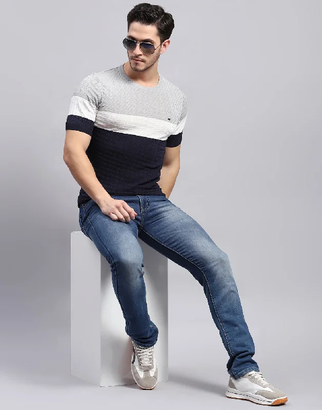 Men Navy Blue Stripe Round Neck Half Sleeve T-Shirt