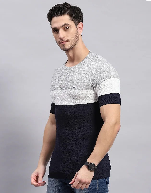 Men Navy Blue Stripe Round Neck Half Sleeve T-Shirt