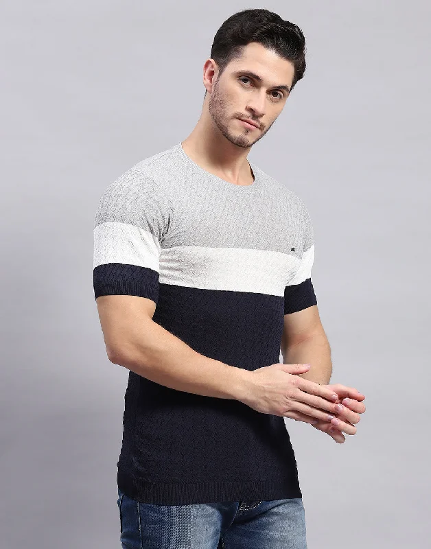 Men Navy Blue Stripe Round Neck Half Sleeve T-Shirt