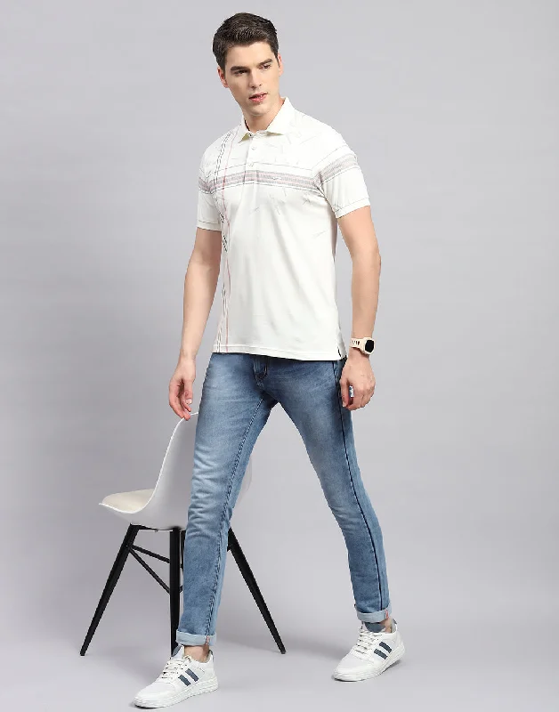 Men Off White Printed Polo Collar Half Sleeve T-Shirt