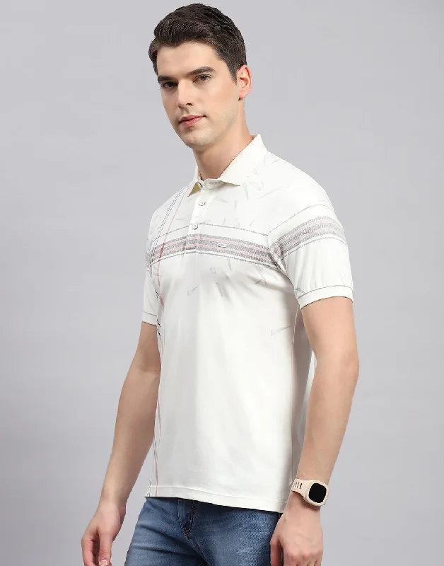 Men Off White Printed Polo Collar Half Sleeve T-Shirt