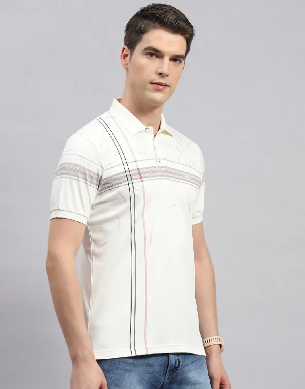 Men Off White Printed Polo Collar Half Sleeve T-Shirt