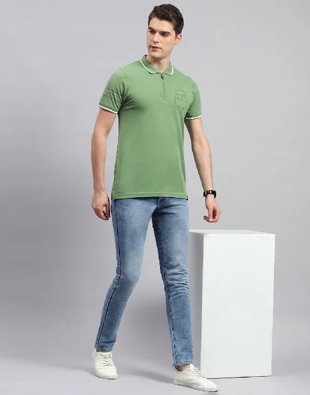 Men Olive Printed Polo Collar Half Sleeve T-Shirt