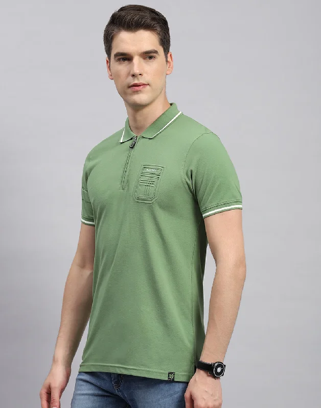 Men Olive Printed Polo Collar Half Sleeve T-Shirt