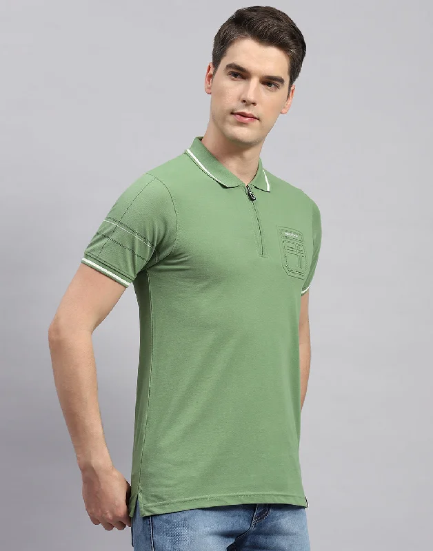 Men Olive Printed Polo Collar Half Sleeve T-Shirt