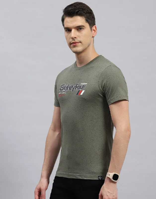 Men Olive Printed Round Neck Half Sleeve T-Shirt